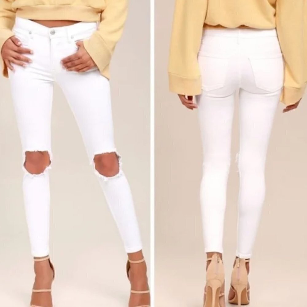 Free People Busted Knee Stretchy Skinny White Jeans Size 25 High Waisted
